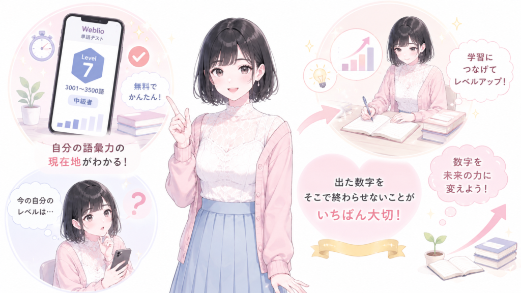 Weblio単語テストは、無料で自分の語彙力の現在地を知りたい人にとって、最も手軽で数字が残る選択肢です。大事なのは、出た数字をそこで終わらせないことです。