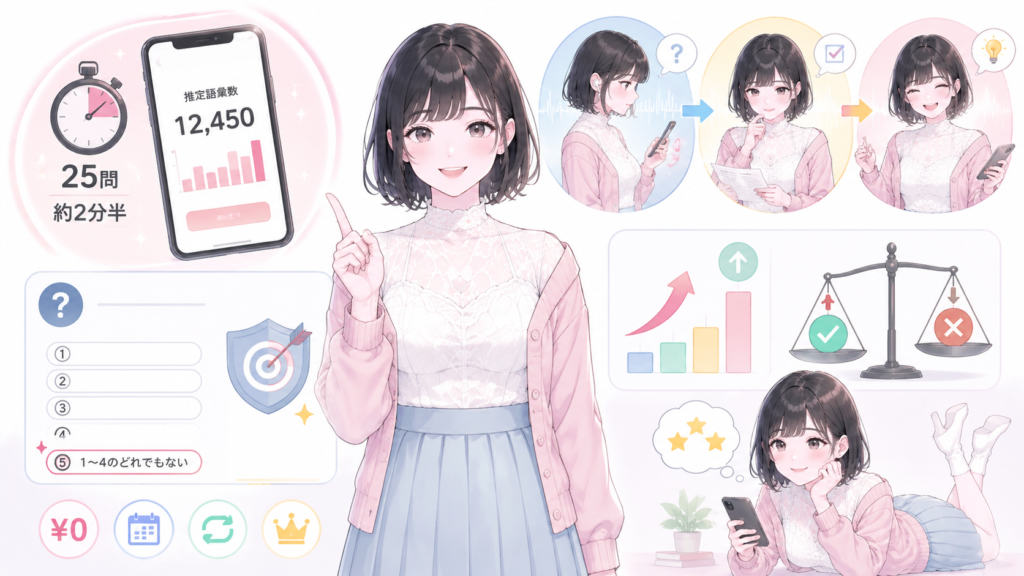 Weblio単語テストとは?25問2分半でわかる無料の語彙力診断の図解