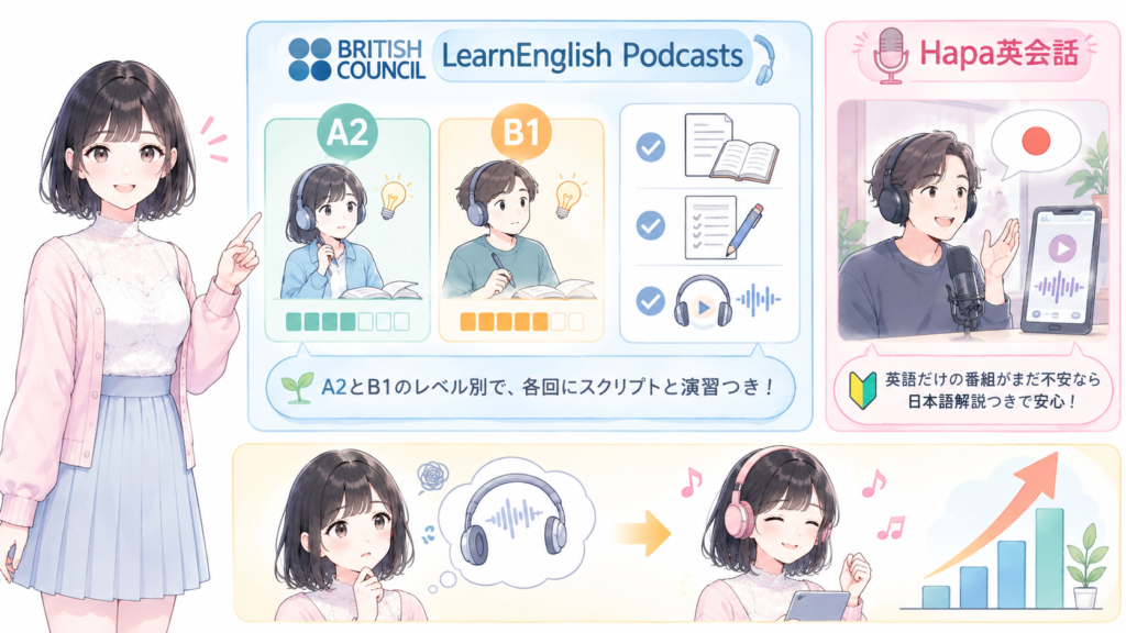 British CouncilのLearnEnglish Podcastsは、A2とB1のレベル別です。各回にスクリプトと演習がつきます。英語だけの番組がまだ不安なら、日本語解説の入るHapa英会話が入口になります。