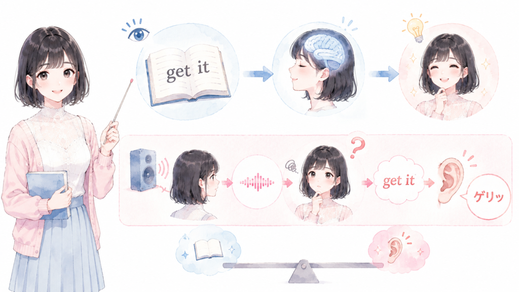 なぜなら、文字で読めば理解できる英文でも、音になると別物に聞こえるからです。たとえば「get it」は「ゲット イット」ではなく「ゲリッ」に聞こえる場合があります。