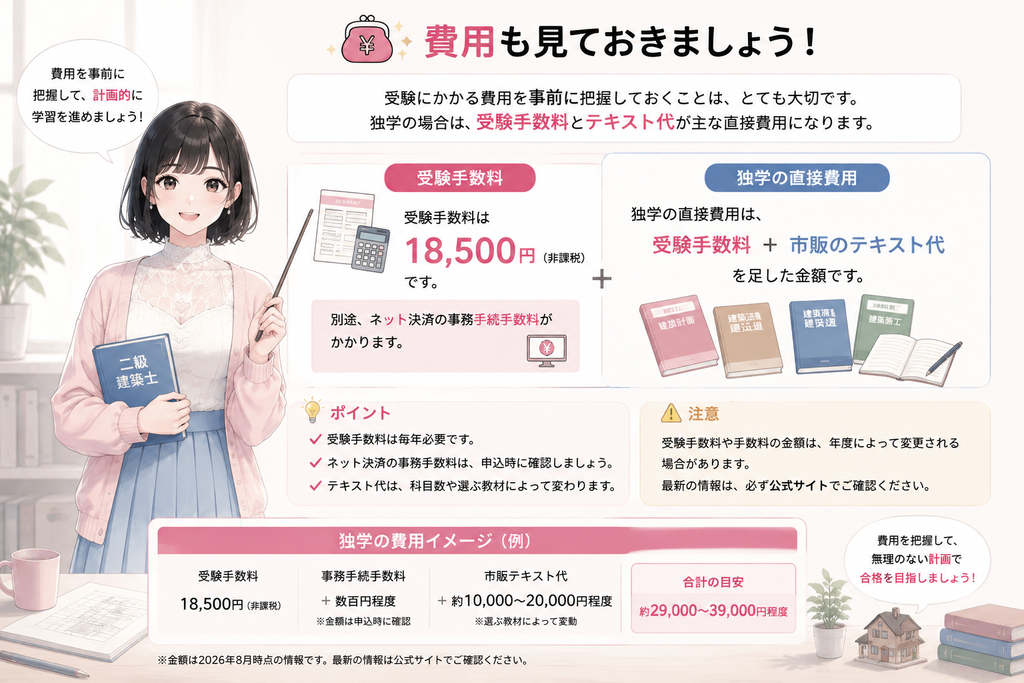 費用も見ておきます。受験手数料は18,500円(非課税)で、別途ネット決済の事務手続手数料がかかります。独学の直接費用は、これに市販のテキスト代を足した金額です。