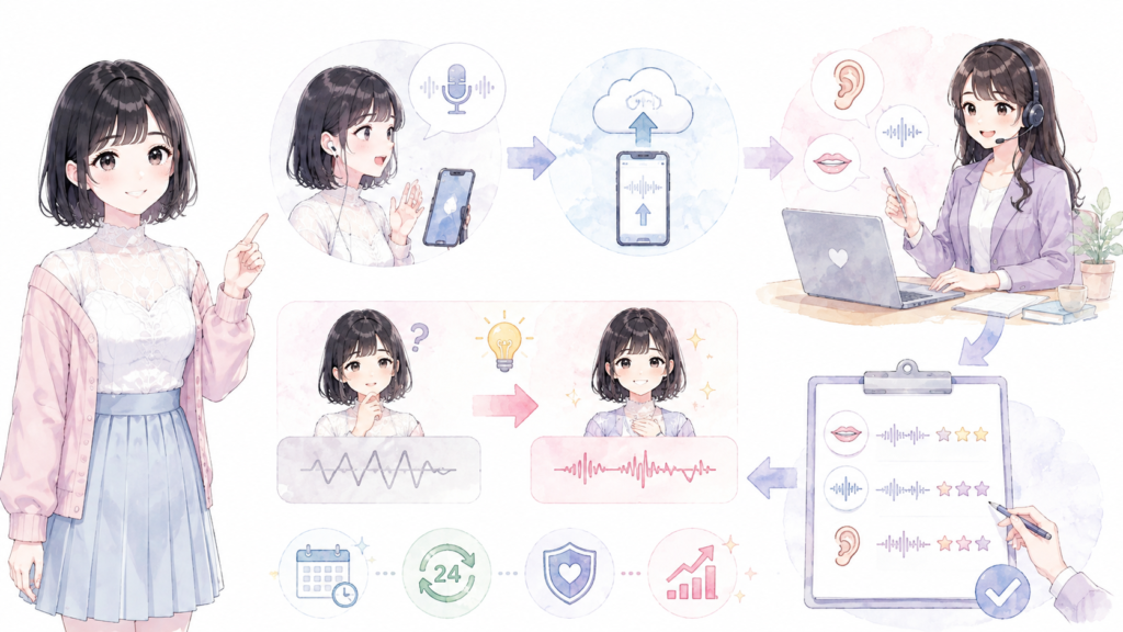 シャドテンでは、提出した音声に対して、英語学習のプロから毎日フィードバックを受けられます。独学では気づきにくい発音やリズムの課題を、第三者から指摘してもらえる点がメリットです。