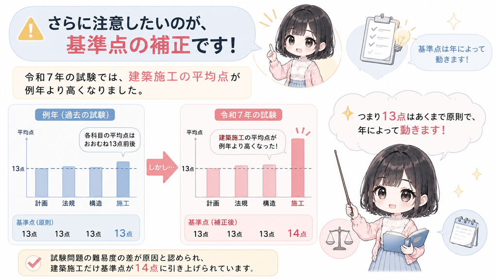 さらに注意したいのが、基準点の補正です。令和7年の試験では、建築施工だけ基準点が14点に引き上げられました。試験問題の難易度の差が原因と認められたための措置です。