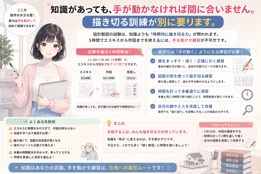 知識があっても、手が動かなければ間に合いません。描き切る訓練が別に要ります。