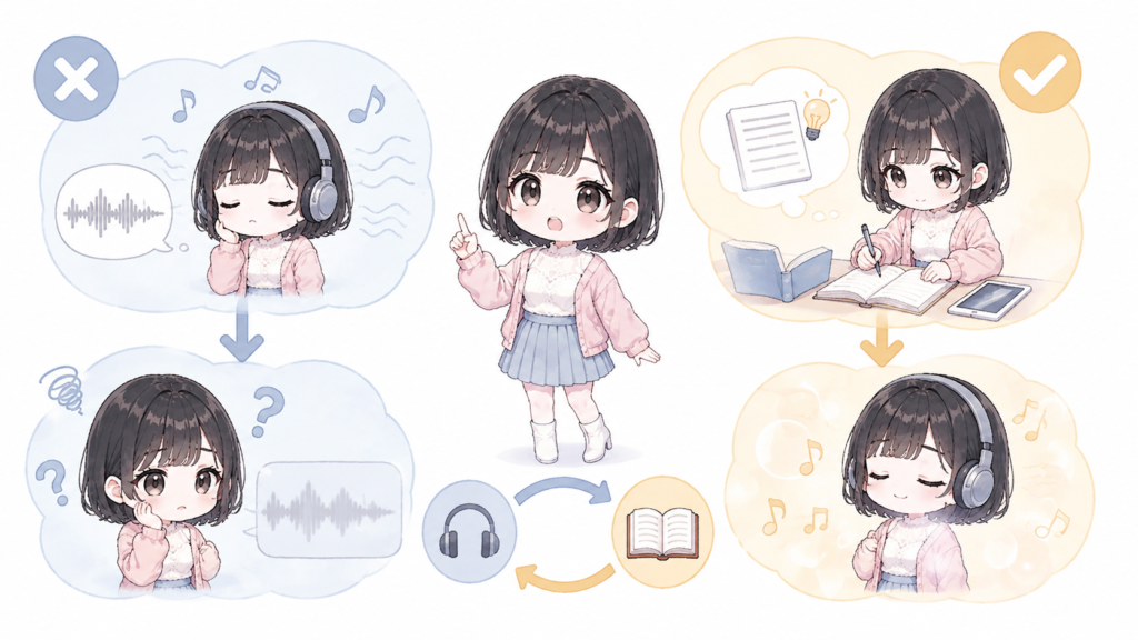 新しい番組の聞き流しは、ほとんど効果がありません。一度スクリプトで意味を確認した回に限り、復習としての聞き流しが効きます。新規は集中、復習は聞き流し、と使い分けてみてください。