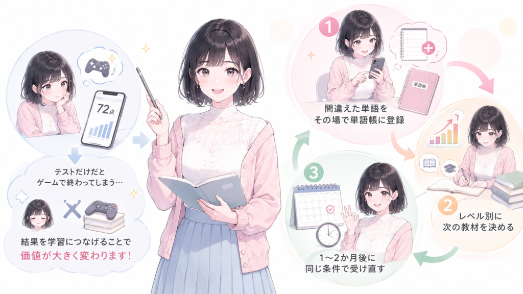 テストは受けるだけでは点数が出るゲームで終わります。結果を学習につなげるかどうかで、価値がまったく変わります。手順は次の3つです。