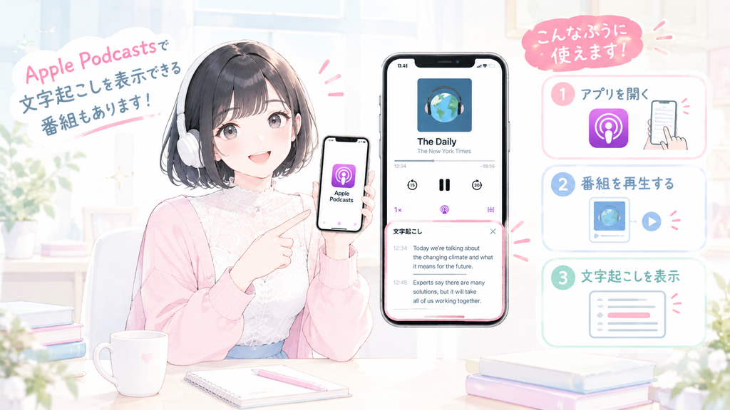 Apple Podcastsには文字起こしを表示できる機能もあり、対応している番組ならアプリの中で英文を読みながら聴けます。