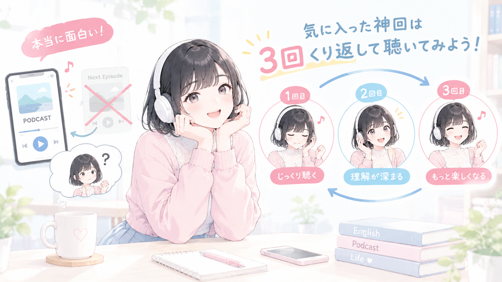 本当に面白いと感じた神回は、新しい回に進まず、あえて3回くり返して聴いてみてください。