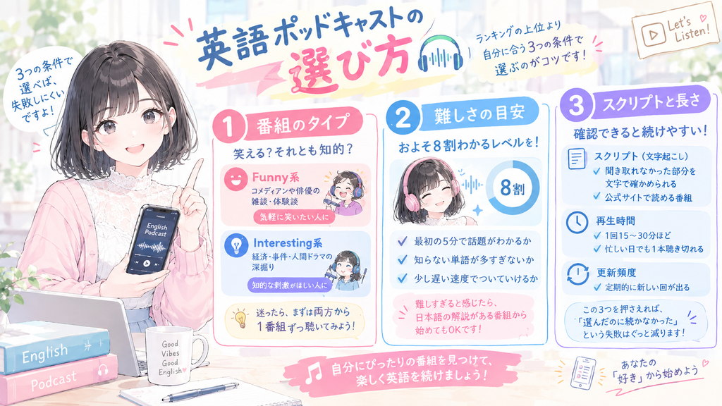 英語ポッドキャストの選び方の図解