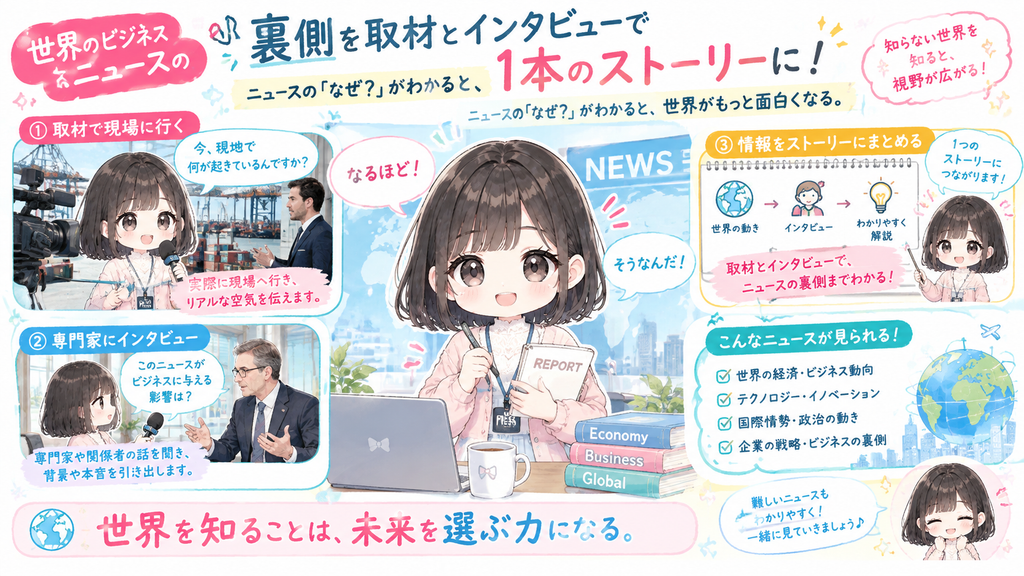 世界のビジネスニュースの裏側を、取材とインタビューで1本のストーリーに仕上げるのがこの番組の魅力です。