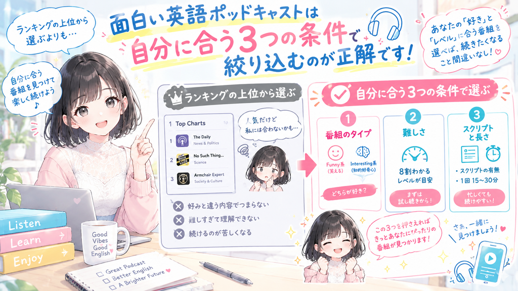 面白い英語ポッドキャストを選ぶときは、ランキングの上位から順に聴くよりも、自分に合う3つの条件で絞り込むほうが失敗しません。