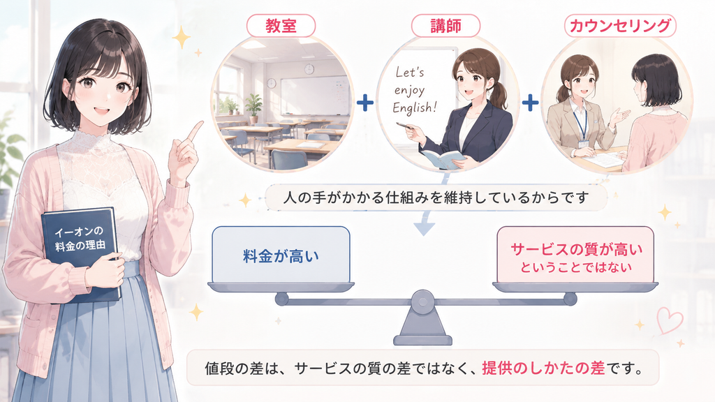 なぜなら、教室・講師・カウンセリングという人の手がかかる仕組みを維持しているからです。値段の差は、サービスの質の差ではなく、提供のしかたの差です。