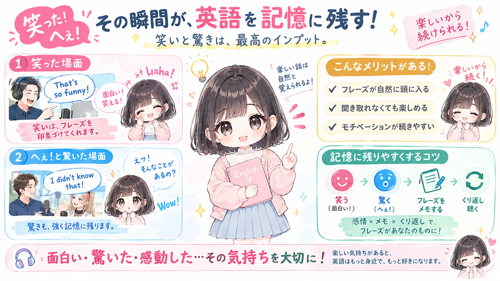 笑った場面や「へぇ」と驚いた話は、英語のフレーズごと記憶に残りやすくなります。