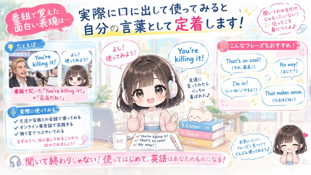 番組で覚えた面白い表現は、実際に口に出して使ってみると自分の言葉として定着します。