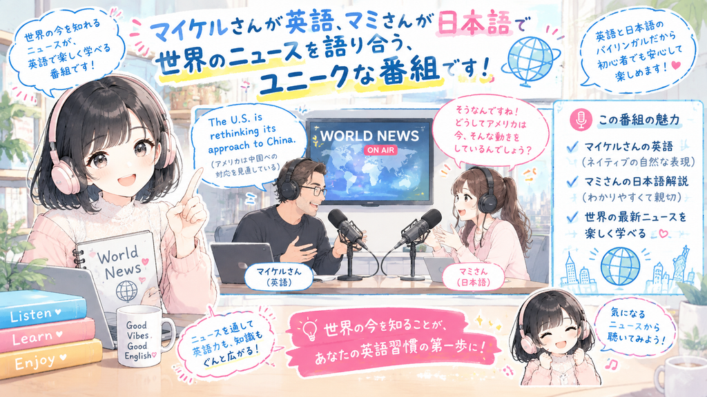 マイケルさんが英語、マミさんが日本語で世界のニュースを語り合う、ユニークな番組です。
