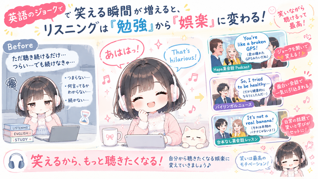 英語のジョークで思わず笑える瞬間が増えてくると、リスニングは我慢して続ける勉強から、自分から聴きたくなる「娯楽」に変わります。