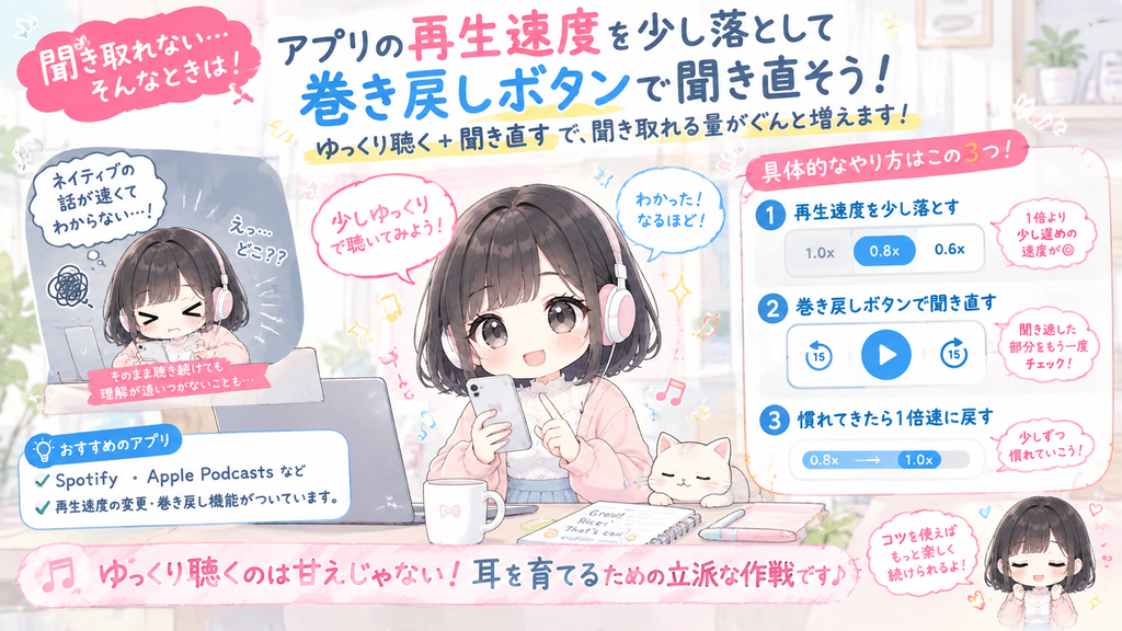 聞き取れない番組ほど、アプリの再生速度を少し落とし、巻き戻しボタンで聞き直すのが効果的です。