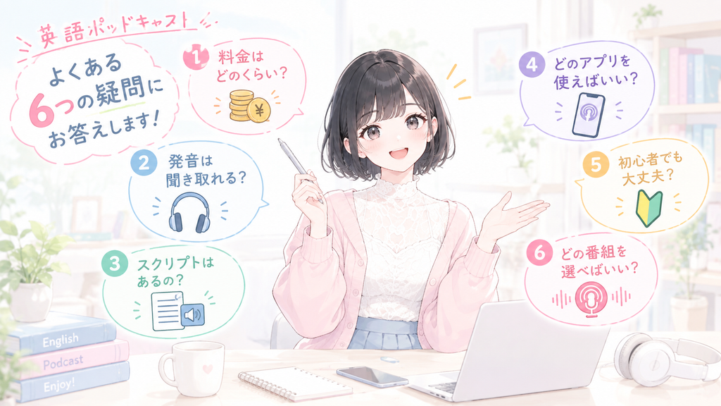 最後に、英語ポッドキャストを聴き始めるときによく出てくる疑問を、料金・発音・スクリプト・アプリなど6つの質問にまとめてお答えします。
