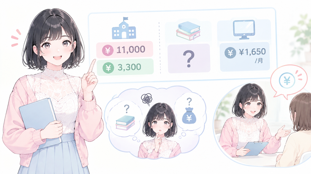 公式サイトには入学金11,000円・登録料3,300円の記載がありますが、教材費はコースにより異なるため明記されていません。システム管理費は月額1,650円(税込)との記載がありますが、体験レッスンのときに必ず総額を聞いておくことをおすすめします。金額がわからないものは、実際より大きく見えます。ここが不安をふくらませています。
