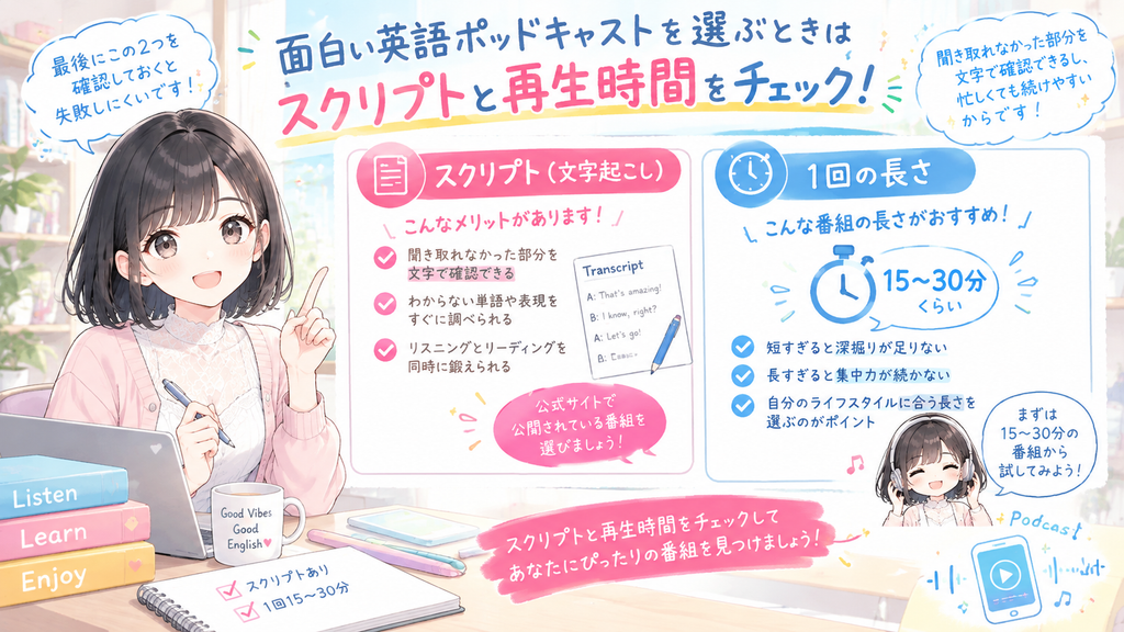 最後に、スクリプト(文字起こし)があるかどうかと、1回の長さを確認しておきましょう。