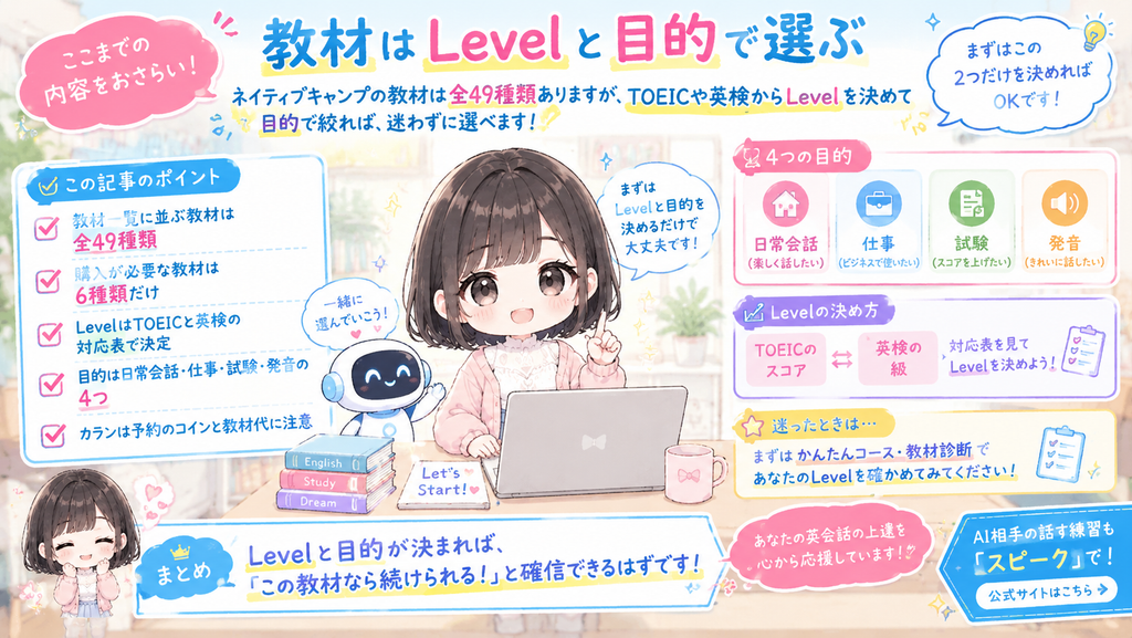 まとめ:教材はLevelと目的で選ぶの図解