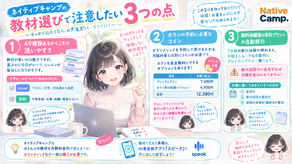 教材選びで注意したい3つの点の図解