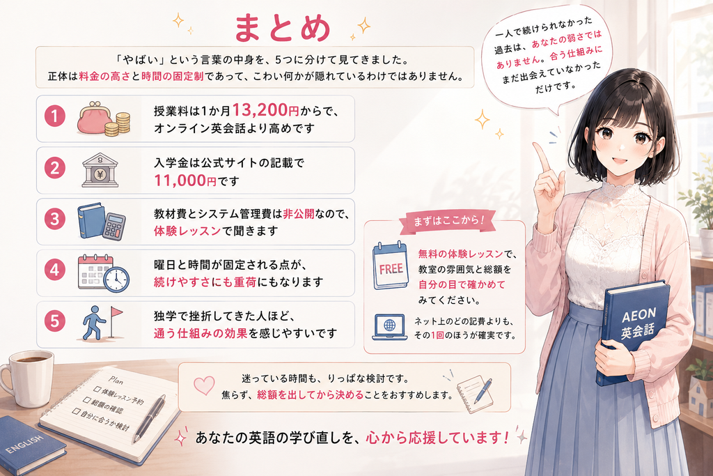まとめ:英会話イーオンはやばい?料金・講師の口コミでわかった5つの本当の理由の図解