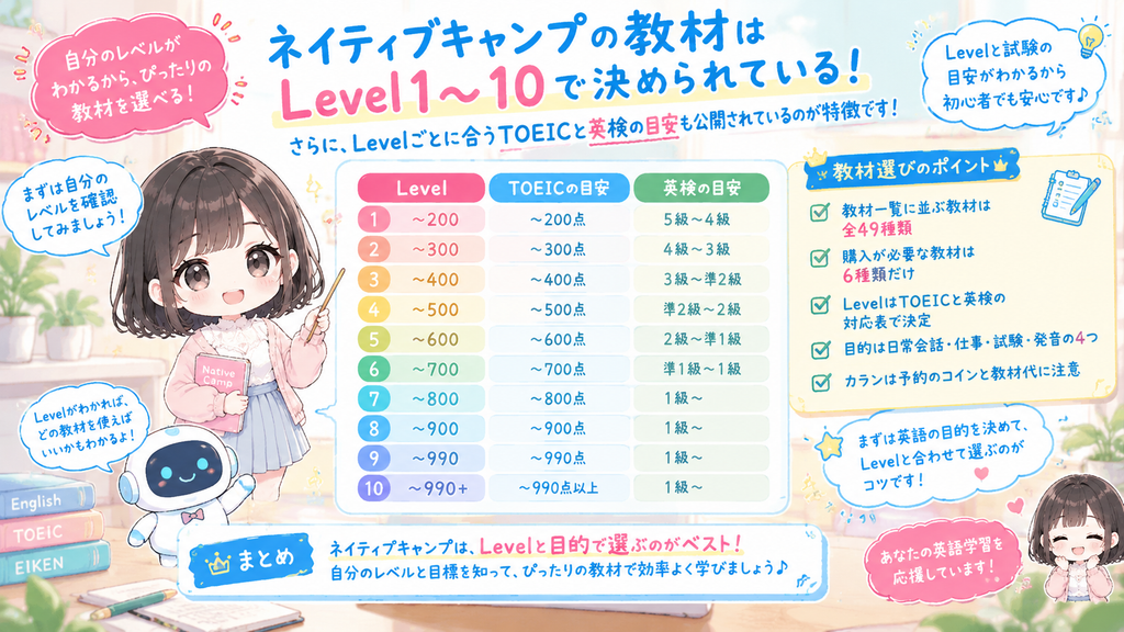 ネイティブキャンプの教材には対象のLevelが1〜10で決められ、Levelごとに合うTOEICと英検の目安も公開されているのが特徴です。