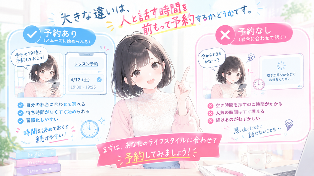 大きな違いは、人と話す時間を前もって予約するかどうかです。