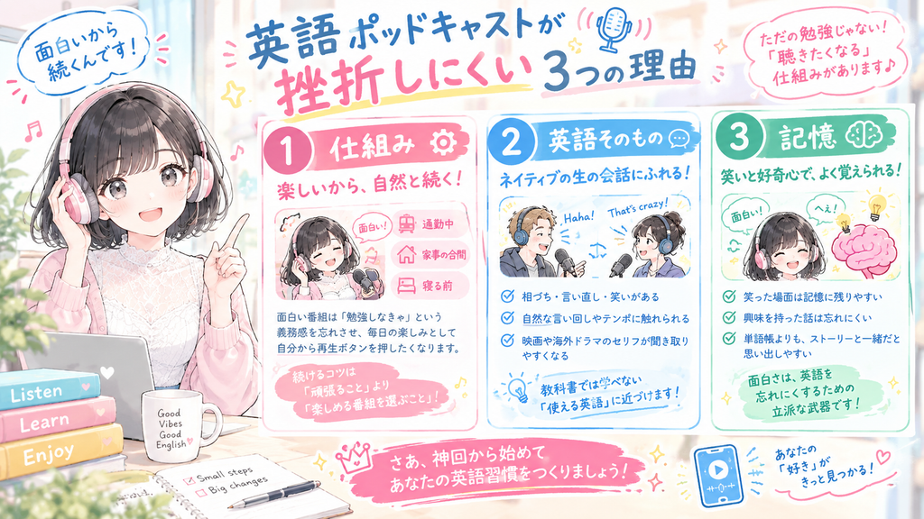 ここでは、面白い英語ポッドキャストがなぜ挫折しにくいのかを、仕組み・英語そのもの・記憶という3つの視点からお伝えします。