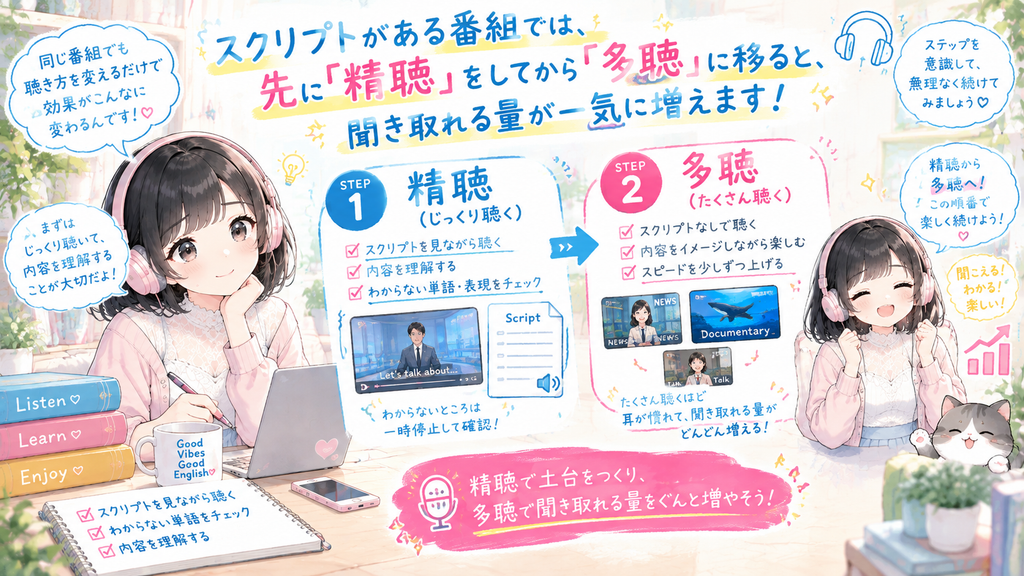 スクリプトがある番組では、先に「精聴」をしてから「多聴」に移ると、聞き取れる量が一気に増えます。