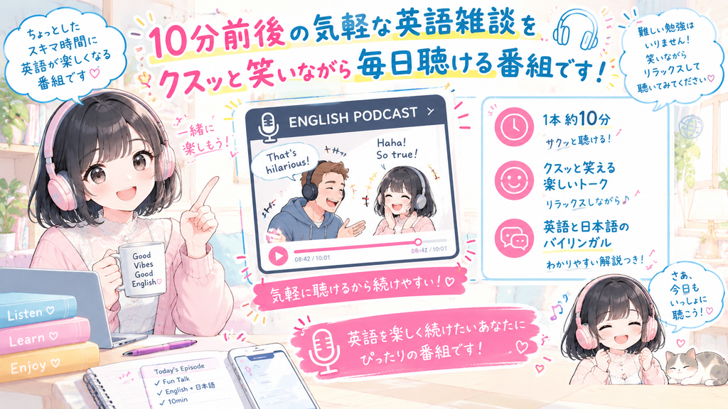 10分前後の気軽な英語雑談を、クスッと笑いながら毎日聴ける番組です。