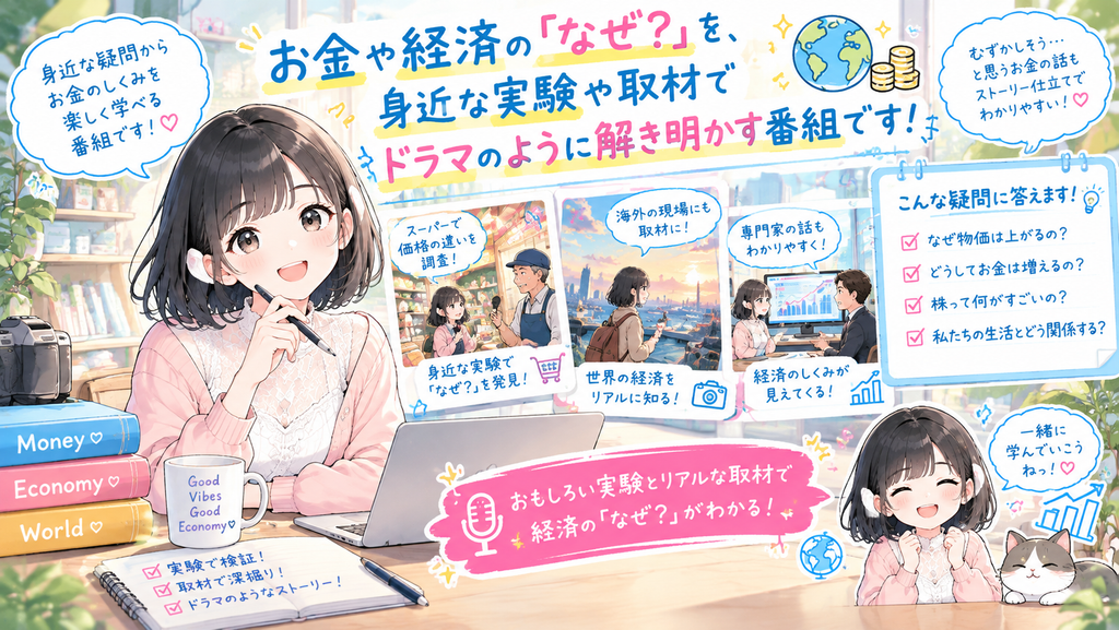 お金や経済の「なぜ?」を、身近な実験や取材でドラマのように解き明かす番組です。