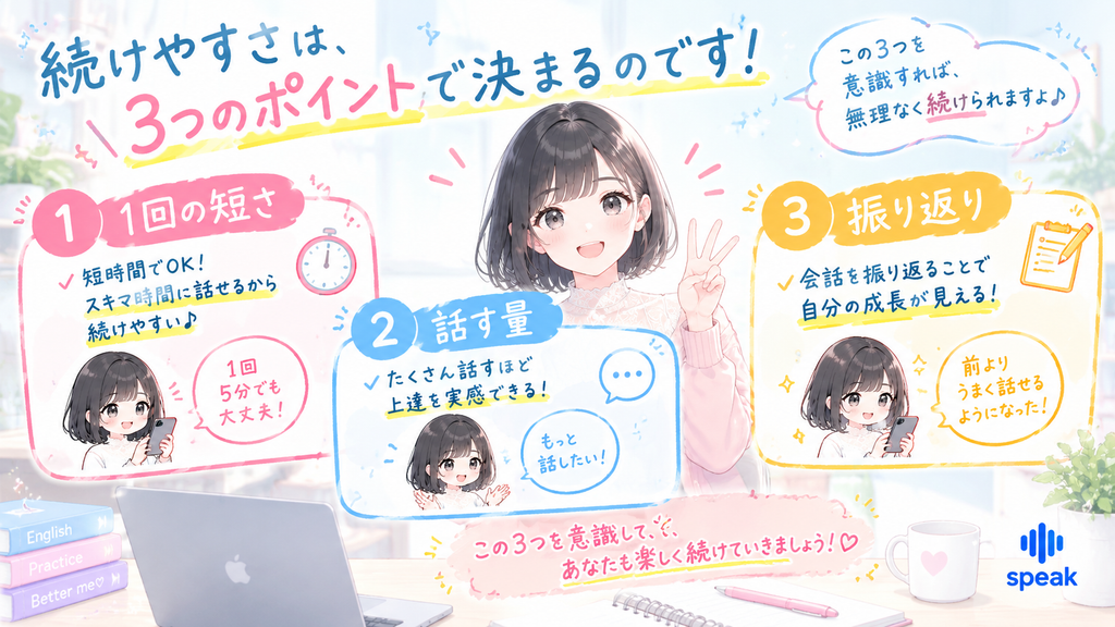 続けやすさは、1回の短さと話す量、そして振り返りの3つで決まるのです。
