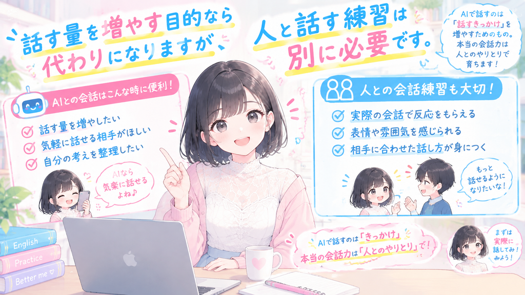話す量を増やす目的なら代わりになりますが、人と話す練習は別に必要です。
