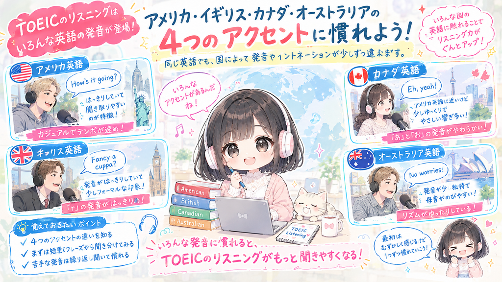 たとえばTOEICのリスニングには、アメリカ・イギリス・カナダ・オーストラリアの発音が出てきます。