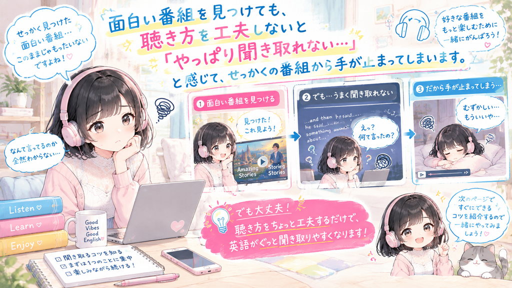 面白い番組を見つけても、聴き方を工夫しないと「やっぱり聞き取れない」と感じて、せっかくの番組から手が止まってしまうことがあります。
