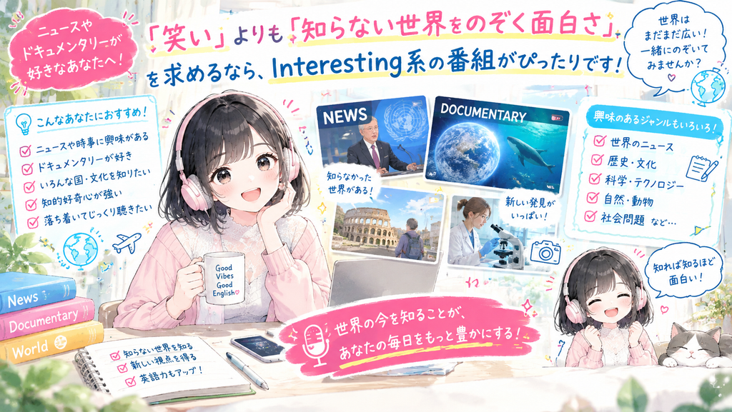ニュースやドキュメンタリーが好きで、「笑い」よりも「知らない世界をのぞく面白さ」を求めるなら、Interesting系の番組がぴったりです。