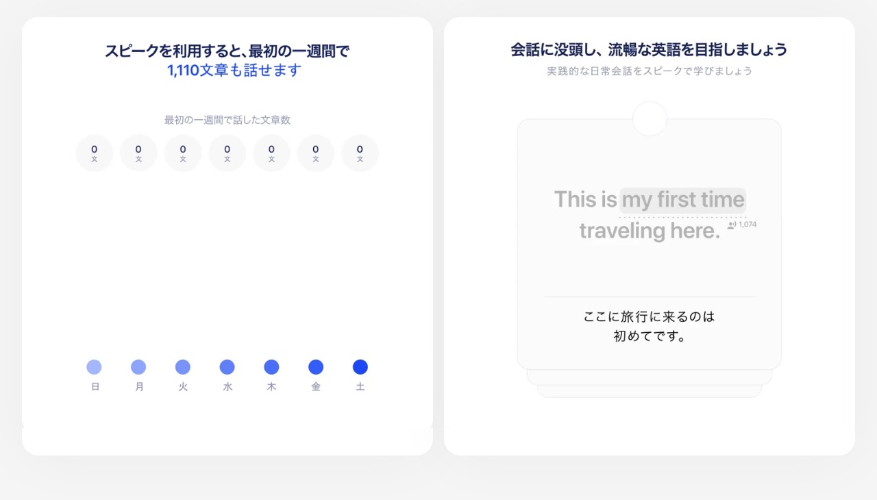 スピーク公式サイトの画面。最初の1週間で話した文章数のグラフとAIとの会話練習の例