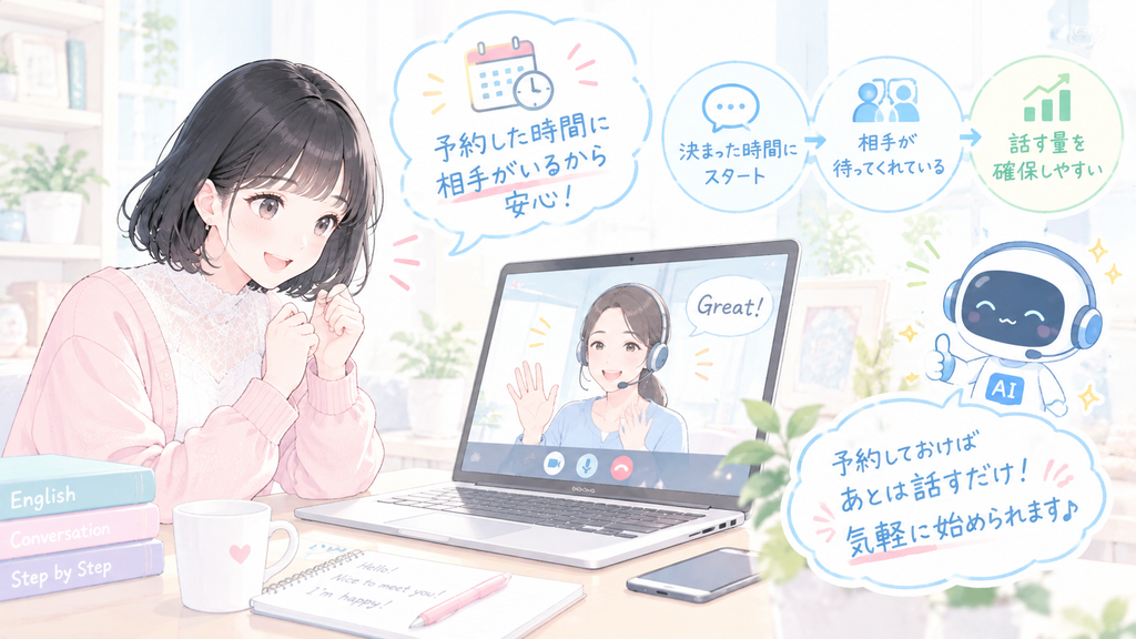 理由は、予約した時間には相手がいて、話す量を確保しやすいからです。
