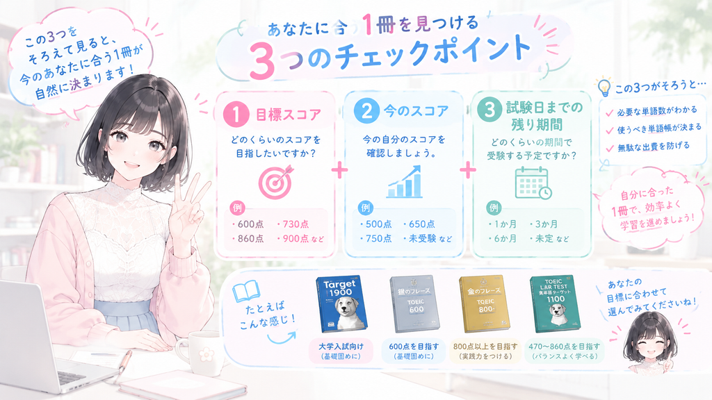 目標スコアと今のスコア、試験日までの残り期間の3つをそろえて見ると、今のあなたに合う1冊が自然に決まります。