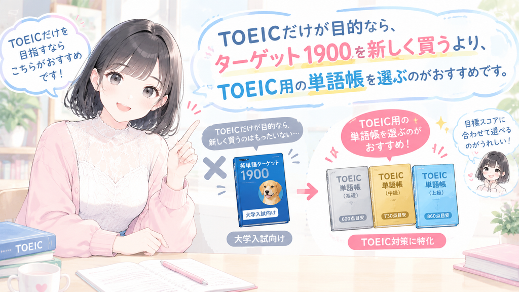 TOEICだけが目的なら、ターゲット1900を新しく買うより、TOEIC用の単語帳を選ぶのがおすすめです。