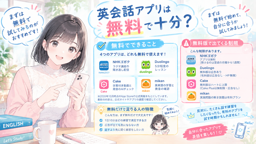 英会話アプリは無料で十分かの図解