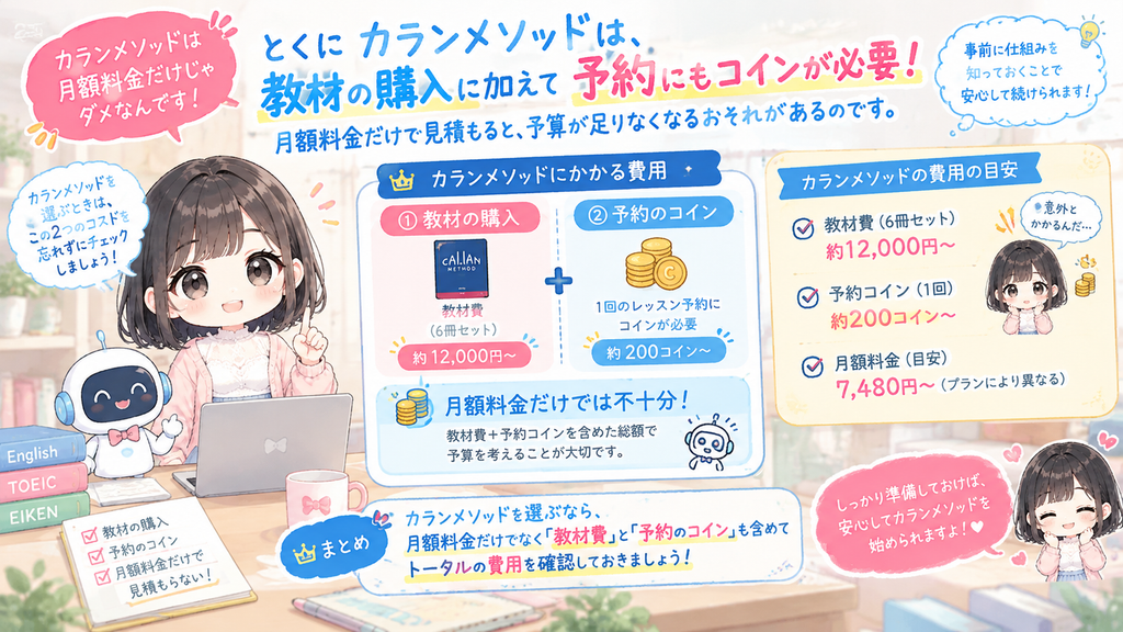 とくにカランメソッドは教材の購入に加えて予約にもコインが要るので、月額料金だけで見積もると予算が足りなくなるおそれがあるのです。