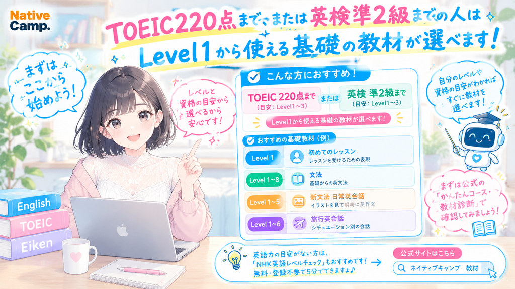 TOEICが220点まで、または英検準2級までの人は、Level1から使える基礎の教材が選べます。