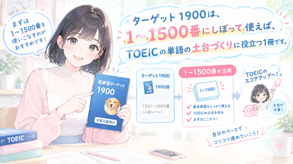ターゲット1900は、1〜1500番にしぼって使えば、TOEICの単語の土台づくりに役立つ1冊です。