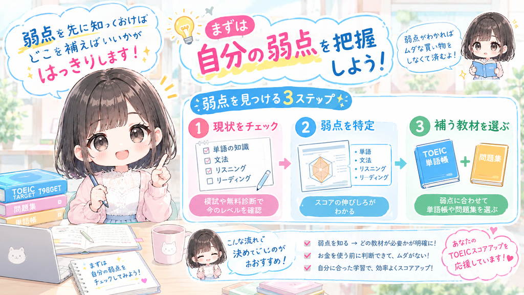 弱点を先に知っておけば、どこをTOEIC用の単語帳や問題集で補えばよいのかが、お金を使う前にはっきりします。