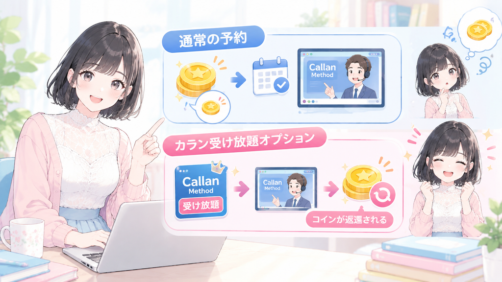 通常、カランメソッドの予約にはコインが必要です。ただし、カラン受け放題オプションに加入すると、対象レッスンの予約に使用したコインが返還されます。