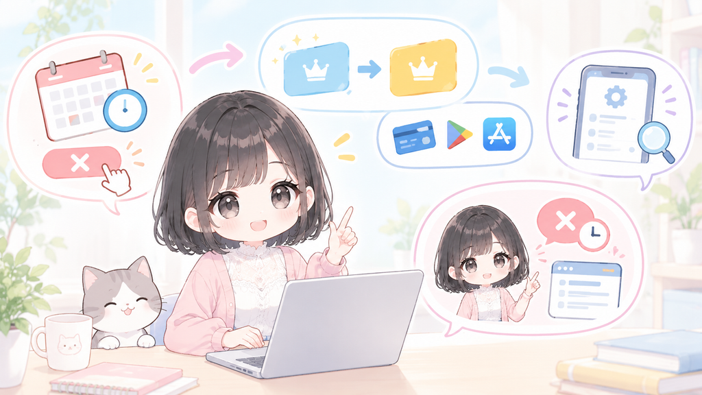 無料トライアルは、継続しない場合に期間終了前の退会手続きが必要です。通常は無料期間終了後にプレミアムプランへ自動移行しますが、決済方法によって更新時刻や解約方法が異なる場合があるため、登録時の画面と各アプリストアの案内を確認してください。