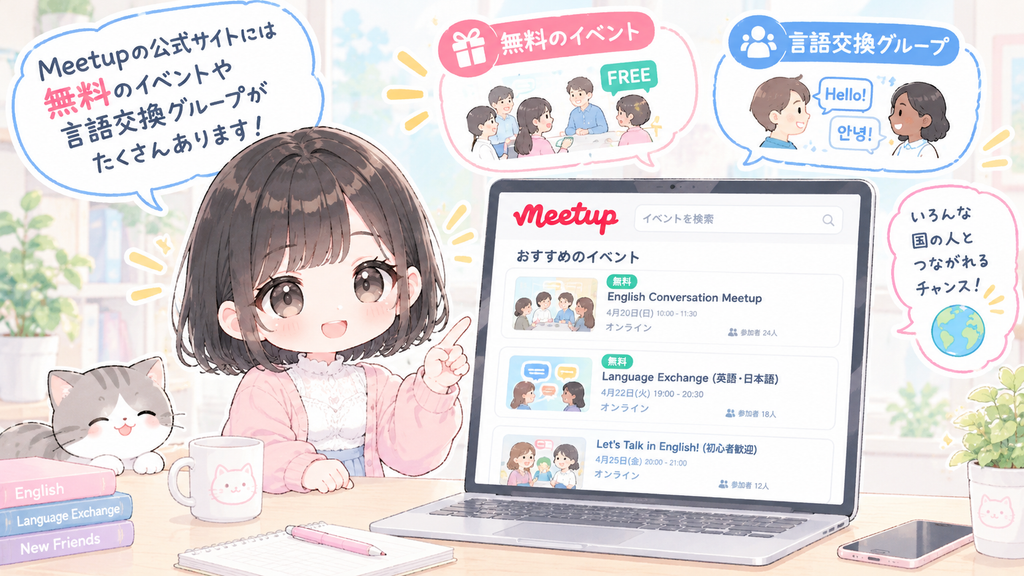 Meetupの公式サイトには、「参加費無料」と表示された言語交換イベントもあります。ただし、会場がカフェの場合は飲み物代などが別途必要なこともあるため、募集ページの参加条件を確認しましょう。また、言語交換のグループが並んでいます。